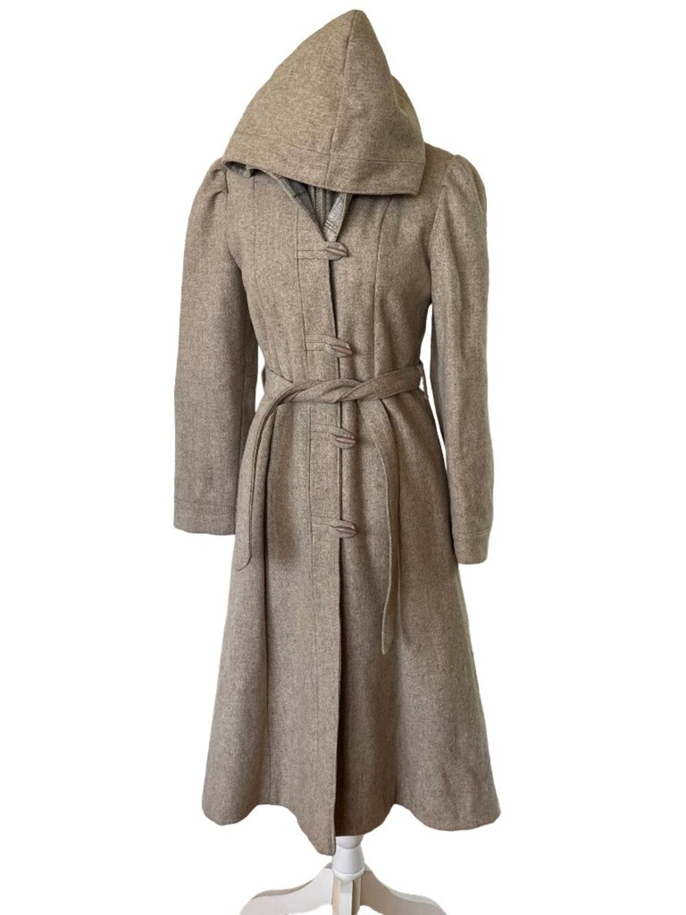 Vintage Womens Tweed Hooded Wool Belted Long Toggle Duffle Coat Union Made Beige